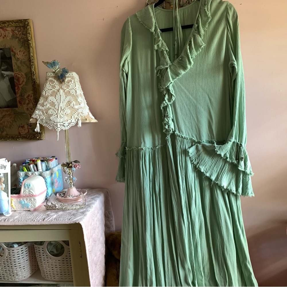 FREE PEOPLE Sage Green Maxi Dress with Ruffles